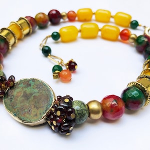 Colorful chunky mixed bead necklace, large gemstone boho jewelry, statement fancy gem stone necklace ooak, unique birthday gift for women