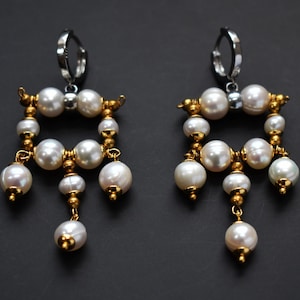 Massive pearl earrings handmade, chunky natural pearl dangles fancy, quirky statement unusual earrings, large gemstone artisan jewelry gift