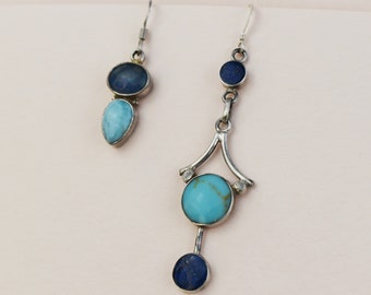 Asymmetrical mismatched earrings, statement long boho dangles sterling silver, vintage pierced earrings, accent bohemian blue stone jewelry