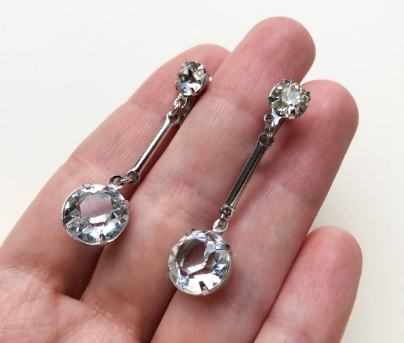 Crystal dangle drop bar earrings clip on, accent … - image 1