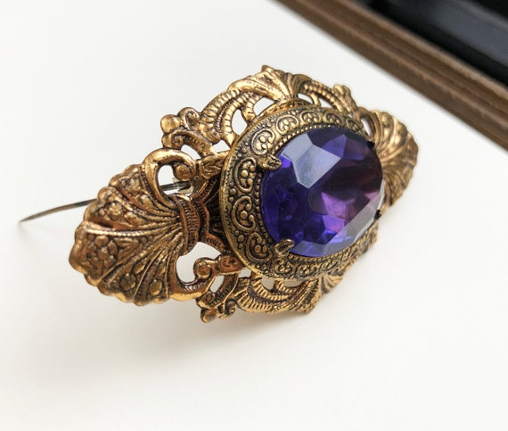 Purple crystal brooch 60s vintage, large gold ton… - image 7