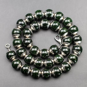 Deep green chunky necklace, statement casual necklace, large stone bead necklace, bold brutalist goldstone necklace for women