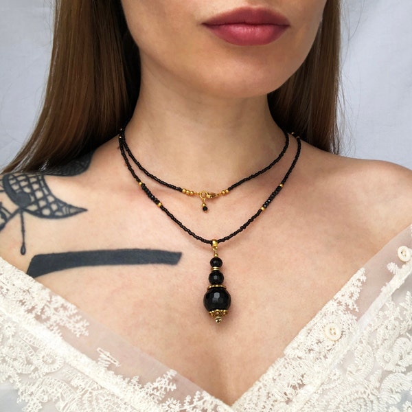 Black onyx pendant necklace, fancy accent long bead necklace, unique double wrap necklace for women, cool crystal necklace ooak