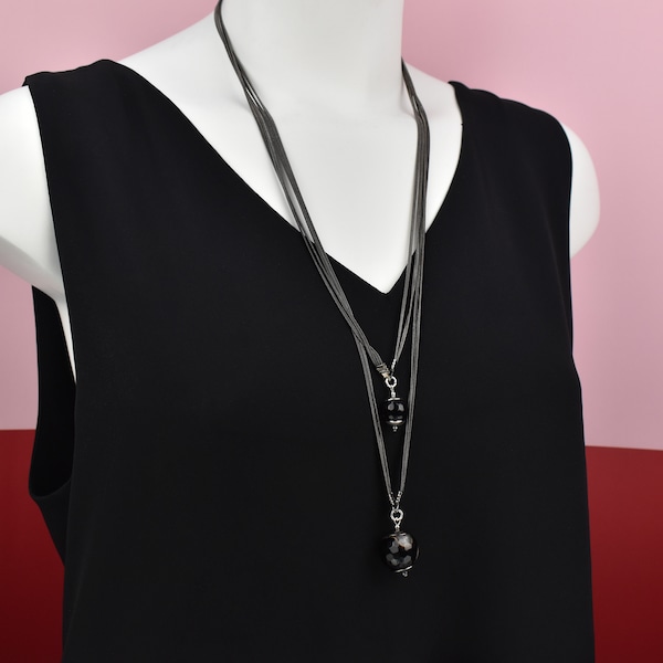 Extra long black gemstone crystal drop pendant necklace, unique handmade onyx jewelry