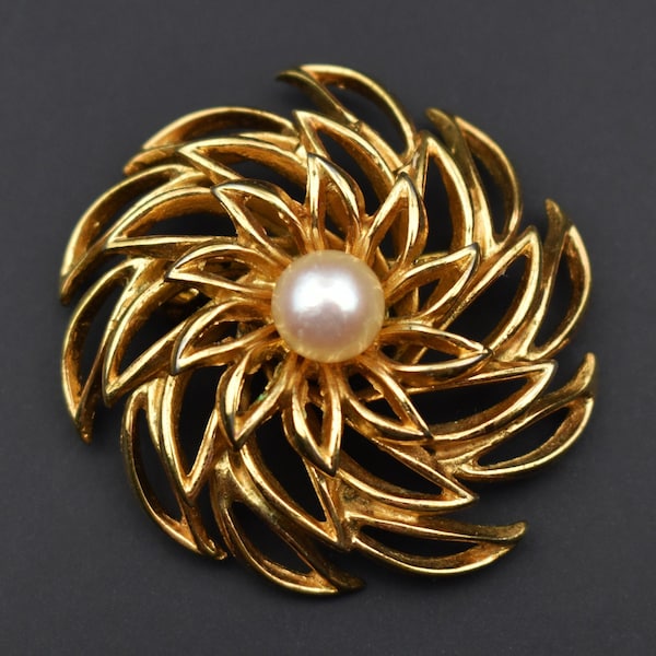 Pearl circle brooch gold tone, large lotus brooch, fancy flower lapel pin, 60s vintage Napier jewelry, quirky gift for women, ship from USA