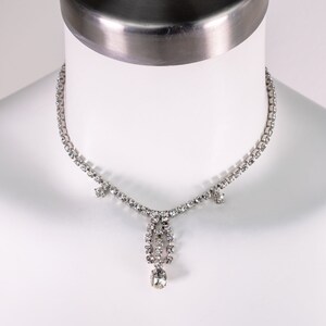 Clear rhinestone necklace for bride, dainty crystal wedding day necklace for women, elegant fancy necklace, accent vintage necklace