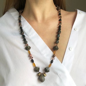 Green stone bead necklace long, chunky boho necklace with bell, ooak statement bohemian jewelry unisex, unique handmade gift for yoga lover