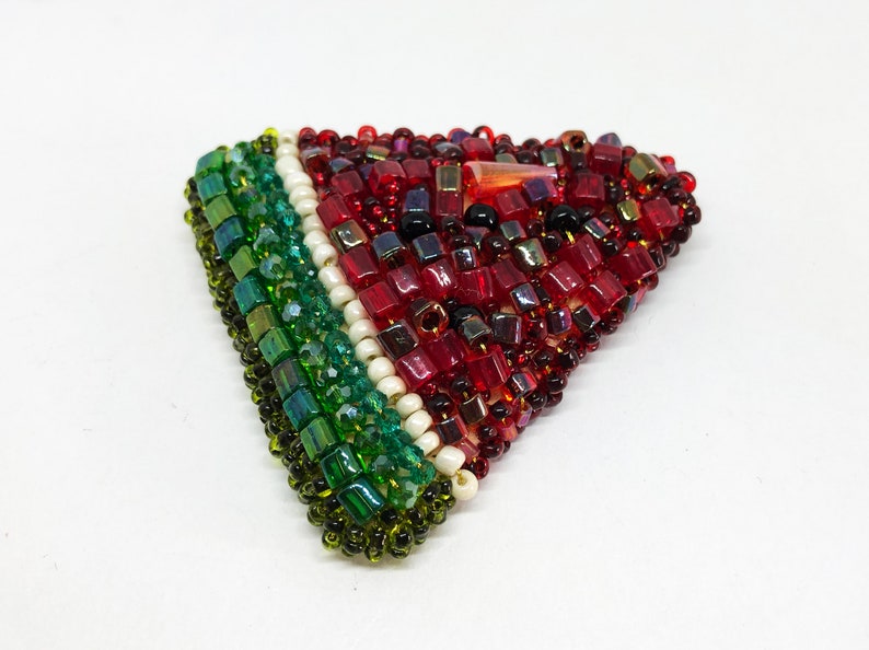 Watermelon brooch handmade, red and green crystal bead embroidered brooch, large funky fruit pin, extravagant jewelry, vegan friendly gift image 5