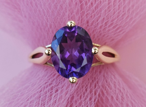 Amethyst ring gold, large purple stone crystal co… - image 3