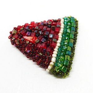 Watermelon brooch handmade, red and green crystal bead embroidered brooch, large funky fruit pin, extravagant jewelry, vegan friendly gift image 2