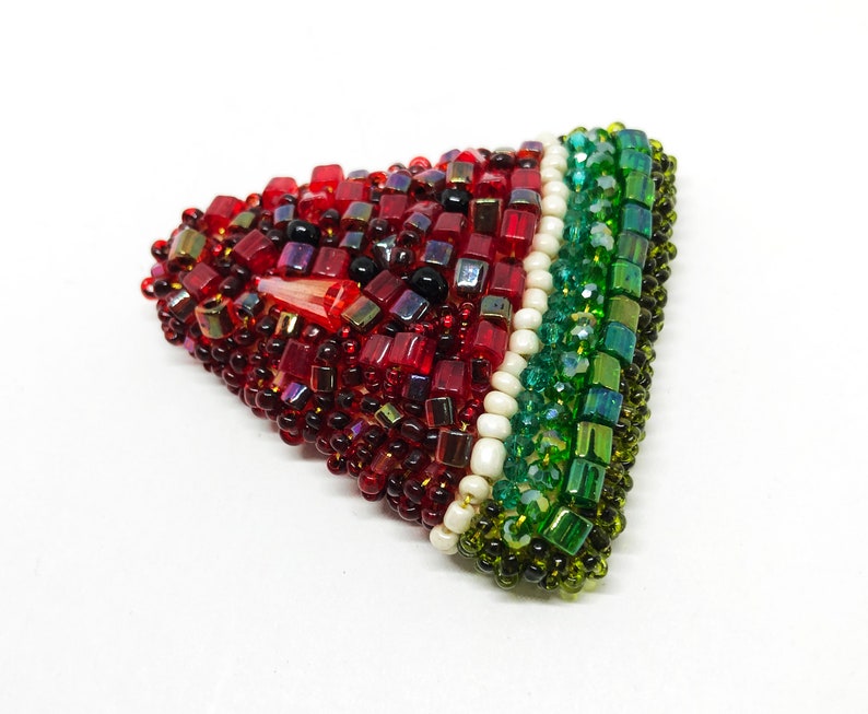 Watermelon brooch handmade, red and green crystal bead embroidered brooch, large funky fruit pin, extravagant jewelry, vegan friendly gift image 2