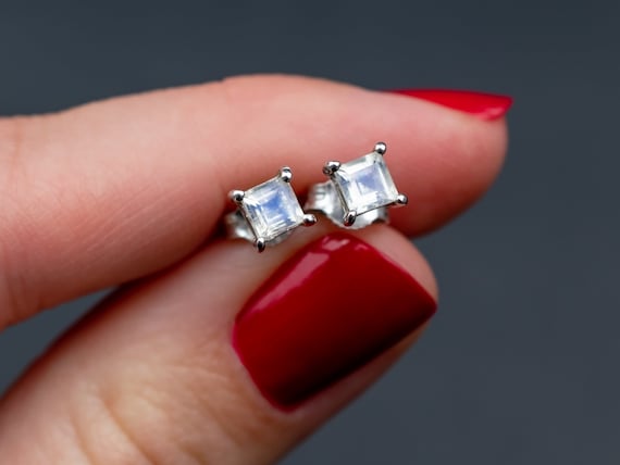 Moonstone stud earrings, small square gemstone cr… - image 1