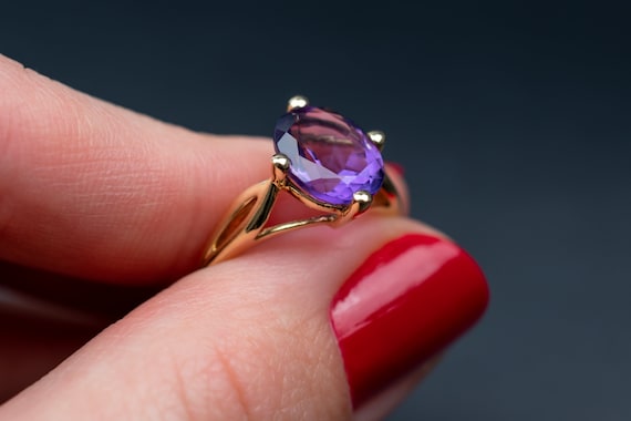 Amethyst ring gold, large purple stone crystal co… - image 6