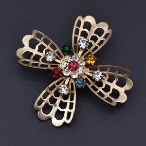 Abstract flower brooch gold tone, large fancy colorful rhinestone brooch, elegant lapel pin, quirky jewelry gift for women, ship from USA