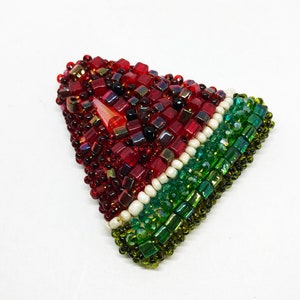 Watermelon brooch handmade, red and green crystal bead embroidered brooch, large funky fruit pin, extravagant jewelry, vegan friendly gift image 7