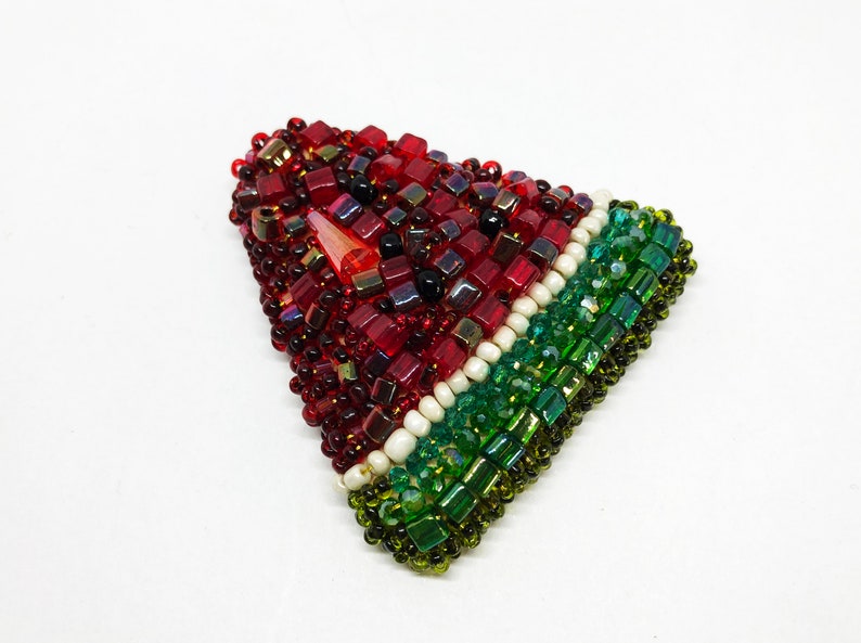 Watermelon brooch handmade, red and green crystal bead embroidered brooch, large funky fruit pin, extravagant jewelry, vegan friendly gift image 7