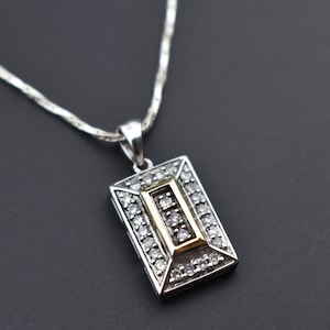 Geometric diamond pendant necklace sterling silver, old art deco jewelry, rectangle crystal charm, elegant fancy necklace, quirky gift women
