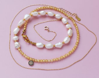 Echte kleine choker met parel en kleine citrien, sierlijke meerlaagse gouden kettingchoker, mooie stapel boze oogketting voor vrouwen