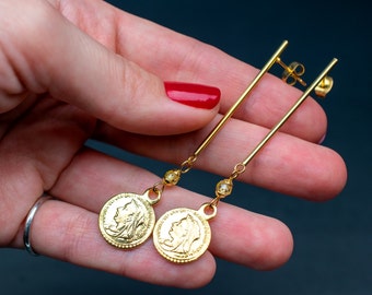 Queen Victoria coin earrings gold, long bar stud earrings, fancy party dangle earrings, unique handmade jewelry, elegant accent jewelry gift