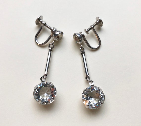 Crystal dangle drop bar earrings clip on, accent … - image 8