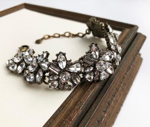 Flower crystal bracelet for women, wide statement… - image 2
