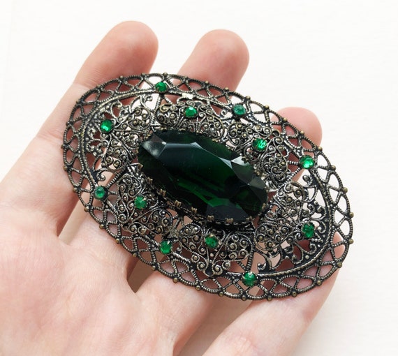 Emerald green crystal brooch large, 60s vintage r… - image 3