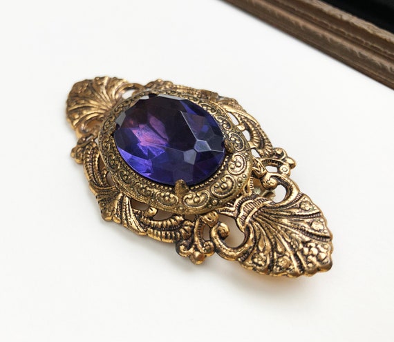 Purple crystal brooch 60s vintage, large gold ton… - image 8