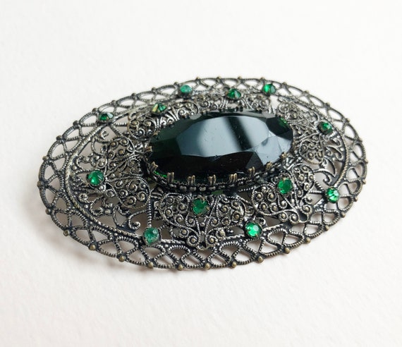 Emerald green crystal brooch large, 60s vintage r… - image 2