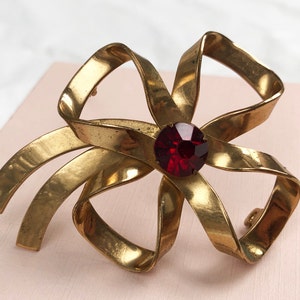 Gold bow brooch with red crystal, large fancy lapel pin, elegant red rhinestone brooch pin, stylish birthday jewelry gift for women