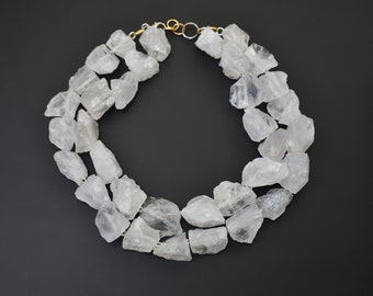 Raw quartz necklace super large, rough crystal pieces necklace extra chunky, nugget stone massive necklace, statement handmade jewelry women
