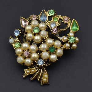 Pearl and crystal flower brooch, elegant fancy accessory, large rhinestone lapel pin, quirky jewelry gift for women, fast ship from USA