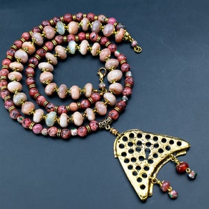 Unusual multi stone bead necklace bib, statement two row necklace, bold avant garde multi layer necklace, ooak large long necklace for women