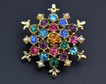Colorful rhinestone snowflake brooch pin pendant, small accent pin, crystal lapel pin for women, elegant jewelry gift, fast ship from USA