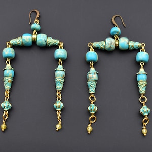 Turquoise earrings dangle, large statement fancy earrings for women, chunky accent boho jewelry, blue beaded chandelier earrings gold tone