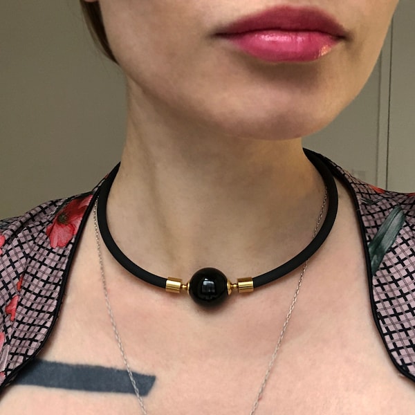 Large onyx necklace, black choker collar for women, bold accent necklace, chunky stone choker necklace, unique statement handmade jewelry