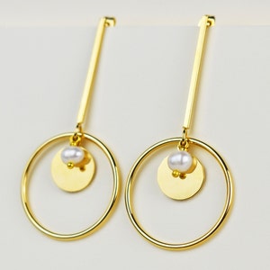 Accent dangle hoop earrings, large lightweight gold tone earrings, pearl drop bar earring, open circle studs for women, eye catching jewelry