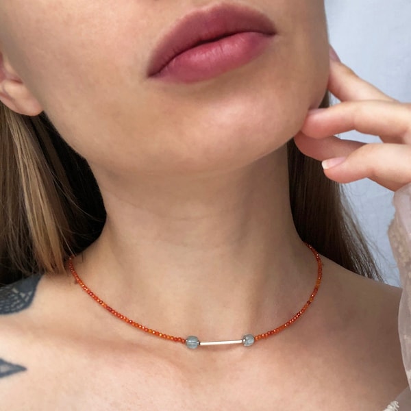 Elegant carnelian and blue topaz necklace for women, tiny orange crystal bead choker, sterling silver bar necklace, dainty gemstone jewelry