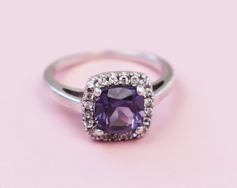 Anillo de topacio místico en plata de ley, anillo grande de alejandrita cuadrada talla 6 EE. UU., anillos para mano derecha para mujer, anillo de halo con corte cojín, anillos con piedras preciosas de colores.