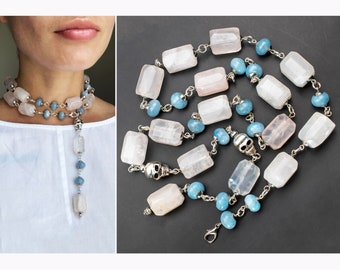 Chunky stone necklaces for women, rose quartz & blue chalcedony Y necklace, long bold bead lariat, statement unusual brutalist jewelry OOAK