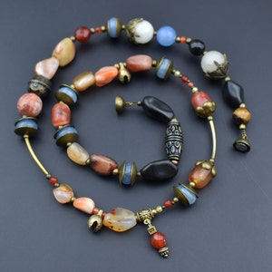 Colorful multi stone bead necklace with bell, long boho handcrafted necklace, ooak statement bohemian jewelry women, unique handmade gift