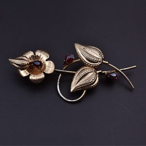 Gold flower brooch with ruby red rhinestones, art nouveau floral pin, quirky gift for women, unique 60s vintage jewelry, fast ship from USA