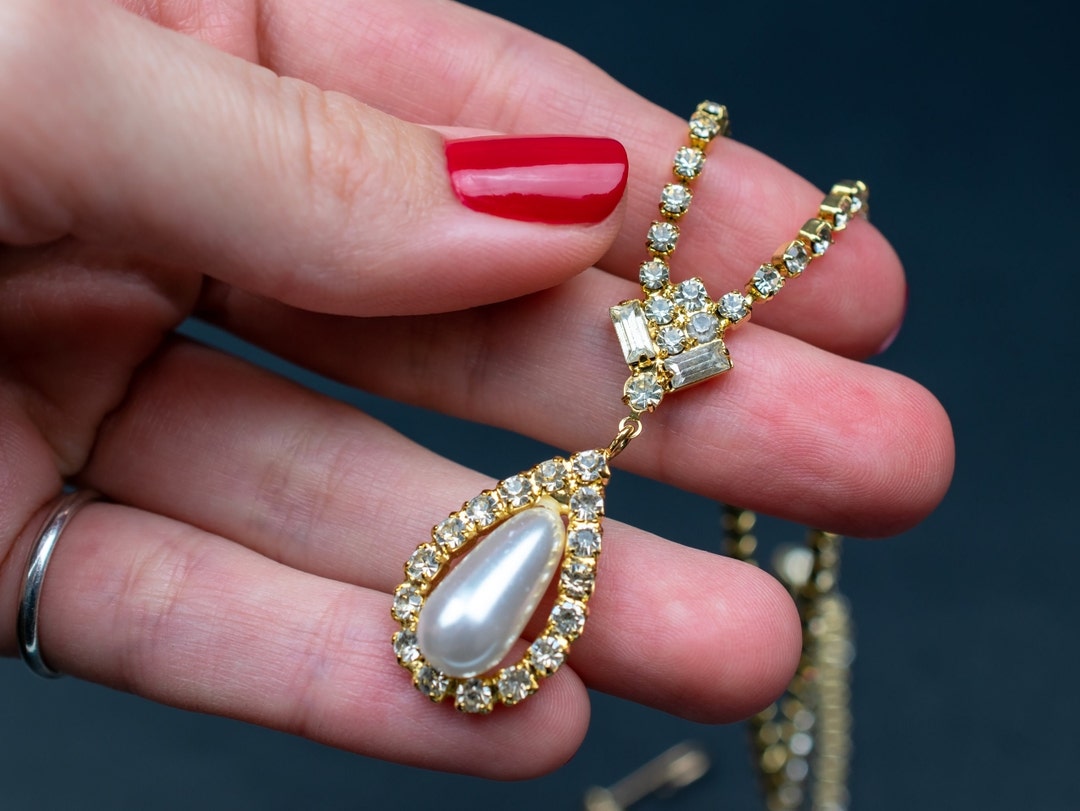 Tear Drop Pearl Necklace for Bride Fancy Crystal and Single Etsy