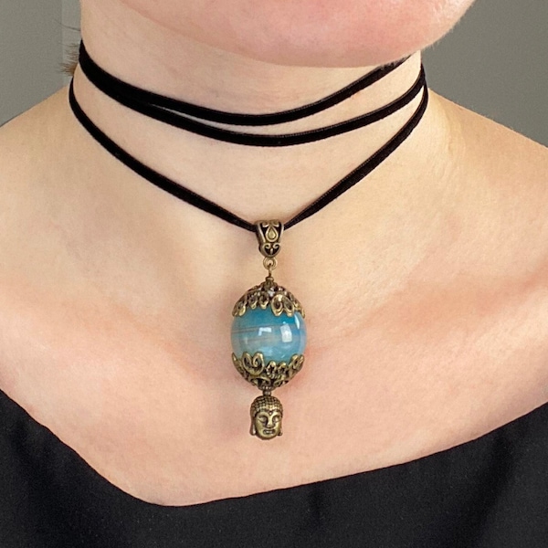 Large blue stone crystal charm necklace, thin black velvet lace choker with pendant, ooak unusual bohemian jewelry