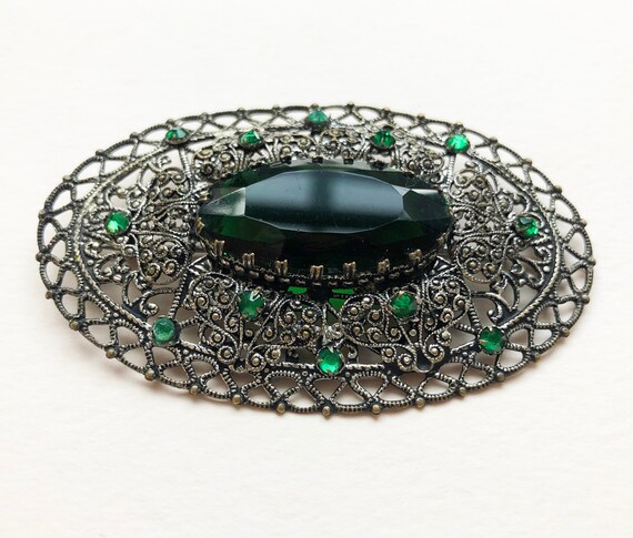 Emerald green crystal brooch large, 60s vintage r… - image 4