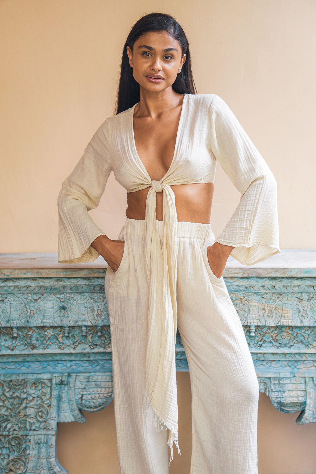 Organic Cotton Pants Set tie Front Crop Top Long Sleeve - Etsy