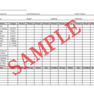 Könnte beinhalten: Ein druckbares Süßwasser-Aquarien-Wartungsprotokoll mit Abschnitten für Tankabmessungen, Beleuchtung, Substrat und wöchentliche Parameter wie Wasserwechsel, Temperatur, pH-Wert, Ammoniak, Nitrit, Nitrat, KH und GH. Es gibt auch Abschnitte für das Absaugen von Kies, die Reinigung des Filters, der Dekorationen, der Beleuchtung und der Heizung sowie für den Filterwechsel und die Fischmenge. Das Protokoll enthält auch Abschnitte für Pflanzen mit Spalten für Menge, Dünger und Dosierung.