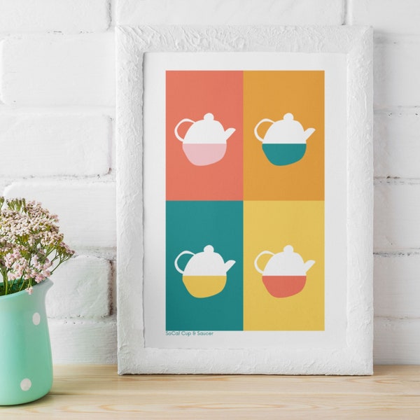 Retro Teapots Pop Art, Colorful Digital Download Printable Wall Art for Tea Lovers