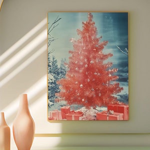 Árbol de Navidad retro rosa con ilustraciones de oropel, decoración de apartamento preppy femenino rosa, póster de moda de arte de pared rosa de vacaciones de invierno, Navidad estética