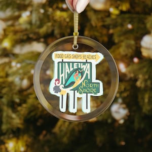 Haleiwa Surf Sign Christmas Ornament - North Shore Oahu Holiday Decor - Coastal Glass Ornament