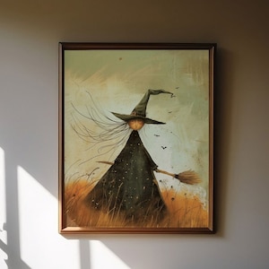 Vintage Witch Art Print, Halloween Oil Painting, Spooky Woodland Poster, Witchcore Illustration Printable, Witchy Goth Digital Download